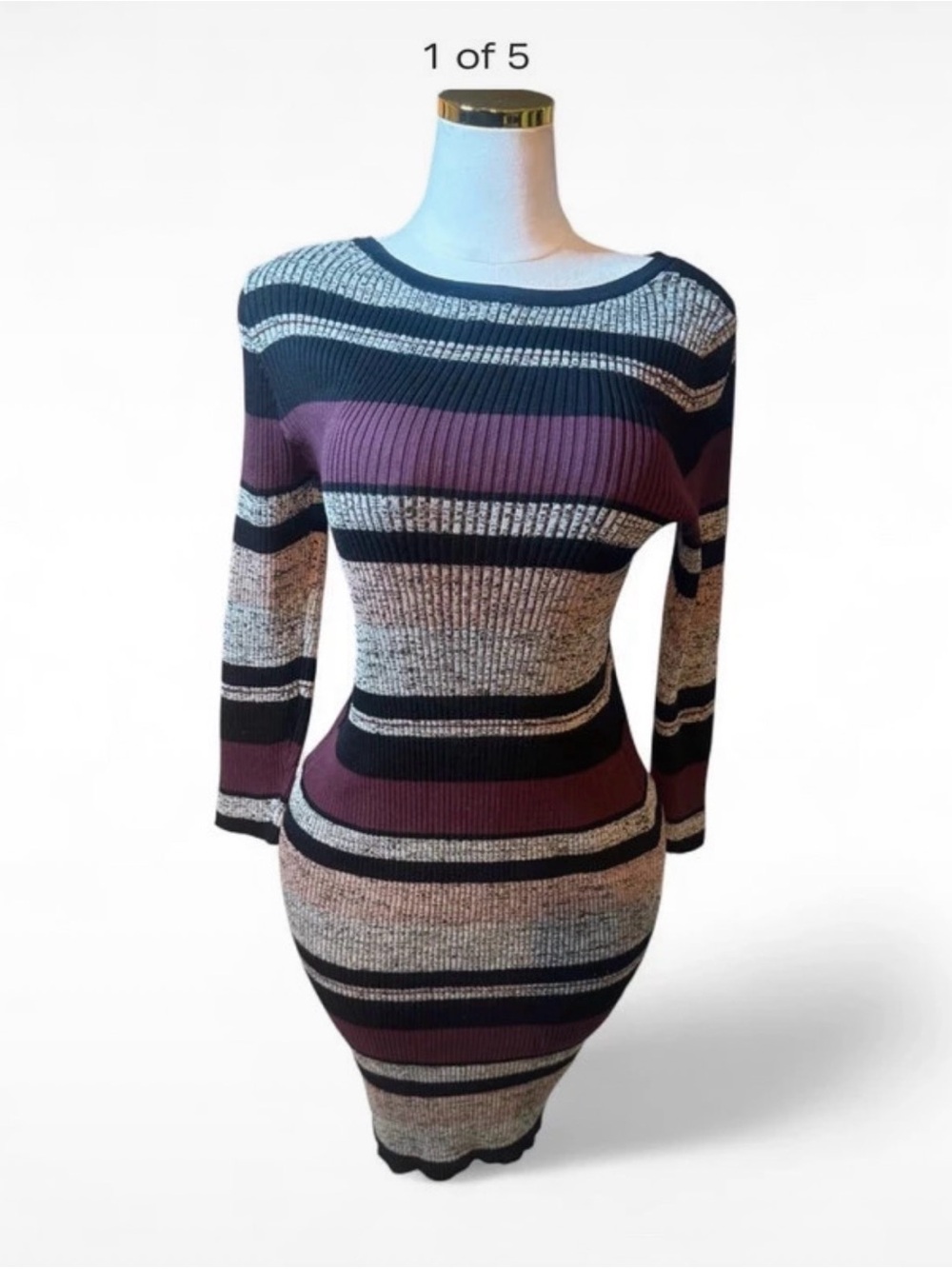 Striped Ribbed Maxi Dress in Burgundy, Black & Gray